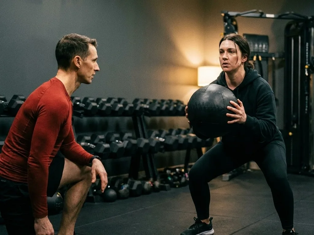 A client holding a medicine ball at chest height in a wide stance while a coach watches, racked dumbbells behind them