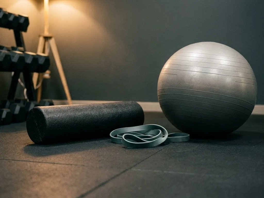 A foam roller, a looped resistance band, and a stability ball laid out on the studio floor